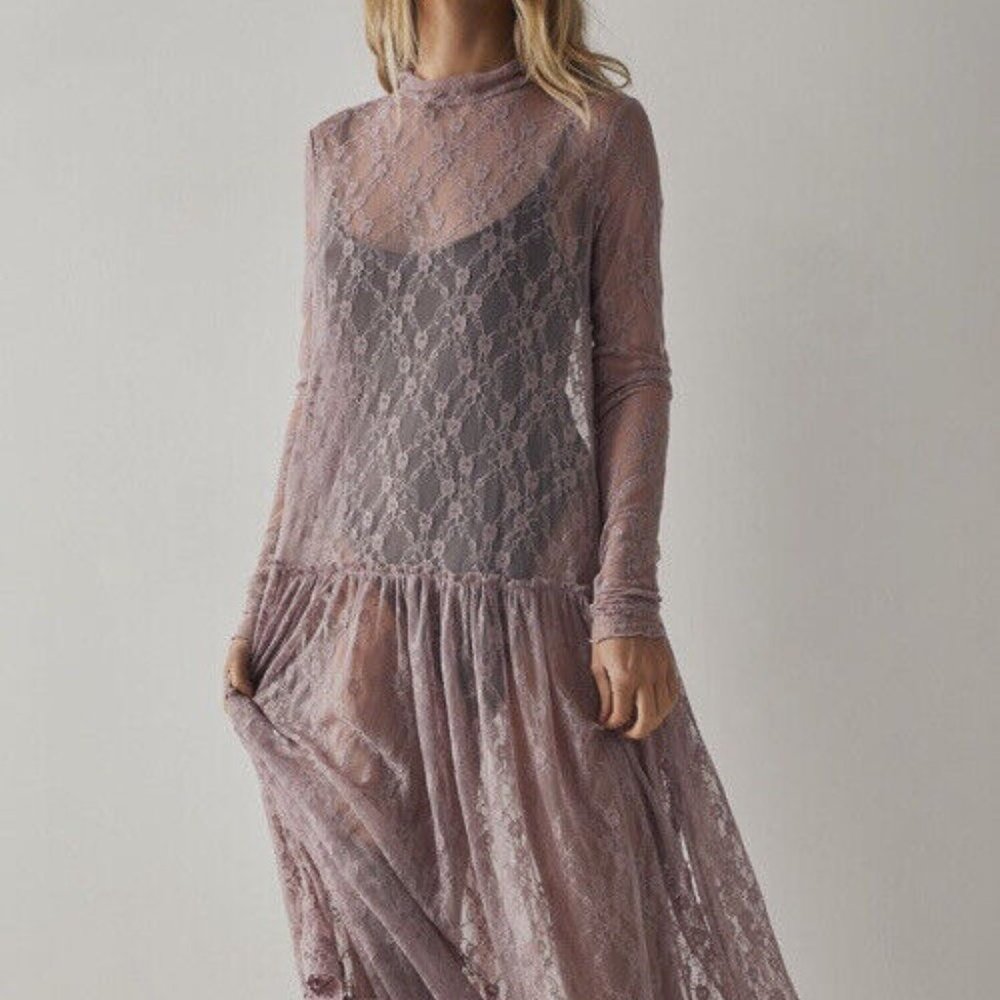 Free People Lace Long Sleeve Vintage Maxi Dress Mauve S